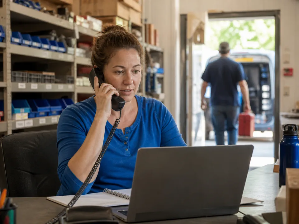 An office dispatcher following up with a customer by phone