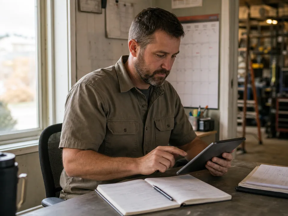 A service business owner reviewing the day’s priorities on a tablet