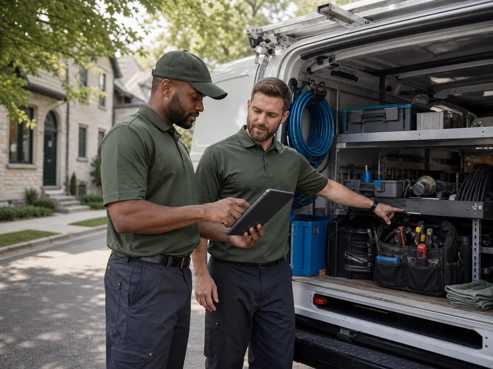 A field crew checking job details beside their service vehicle