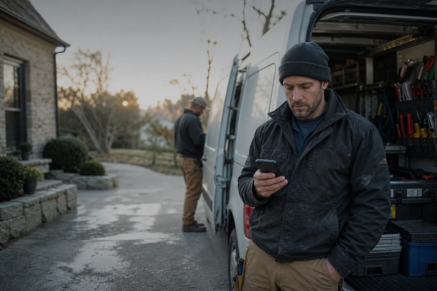 A home-service contractor checking the day’s work beside a service van